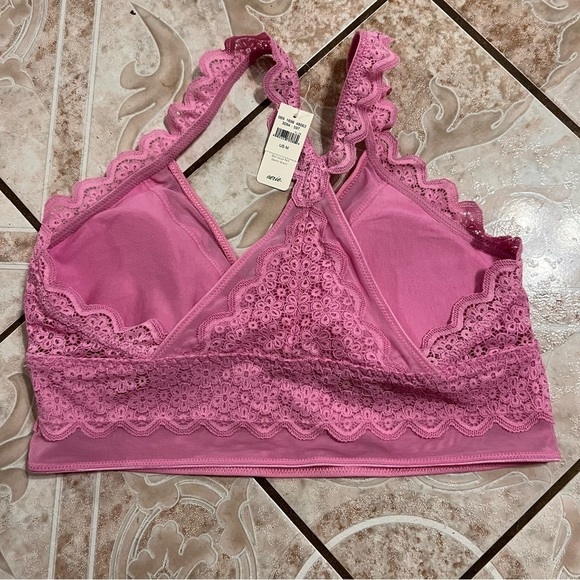 AE Aerie Pink Lace Wireless Bralette Pink Floral Crop Top Sheer Mesh Medium - Picture 4 of 6